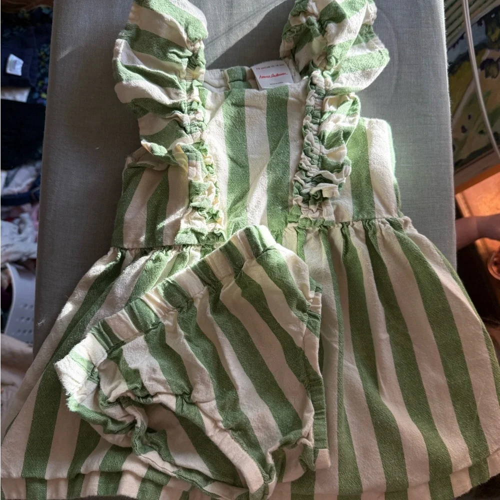 Hanna Andersson Green Stripe Baby Dress + Bloomers 12-18M